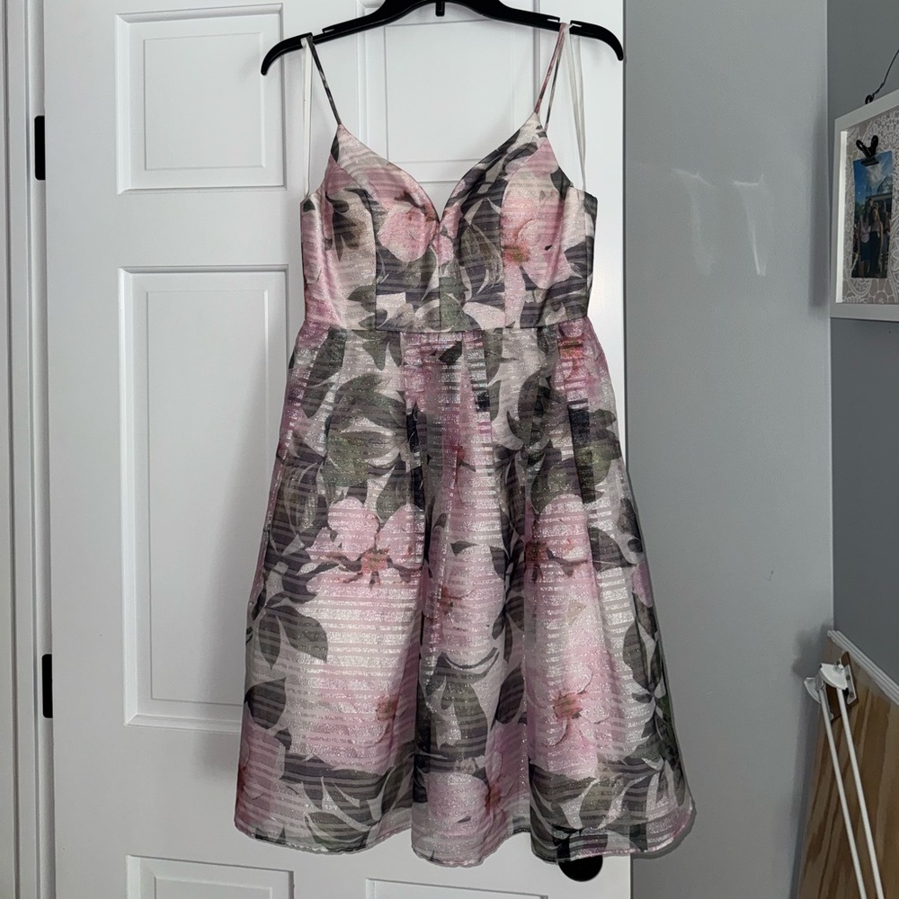 Betsy & Adam Pink and Green Floral Midi Dress